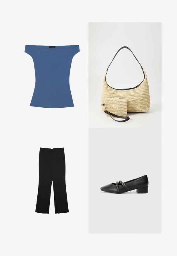 Top bez ramienok z jemne modrej látky, priliehavý strih s krátkymi rukávmi a hladkou textúrou. Nálepka umiestnená na dekolte.; Čierne nohavice so strihom rovného strihu, s prednými vreckami a bočnými rozparkami na leme. Vyrobené z mäkkej, hladkej tkaniny. Vhodné na rôzne príležitosti.; Čierne kožené topánky na blokovej podpätku so štvorcovou špičkou. Obsahuje dva remienky so zlatými prackami cez priehlavok. Hladký vzhľad, minimalistický dizajn.; Tkaná slamenná kabelka s prehnutým siluetom, vybavená hladkým čiernym koženým popruhom a zodpovedajúcou malou taštičkou pripevnenou pomocou zápästného popruhu.