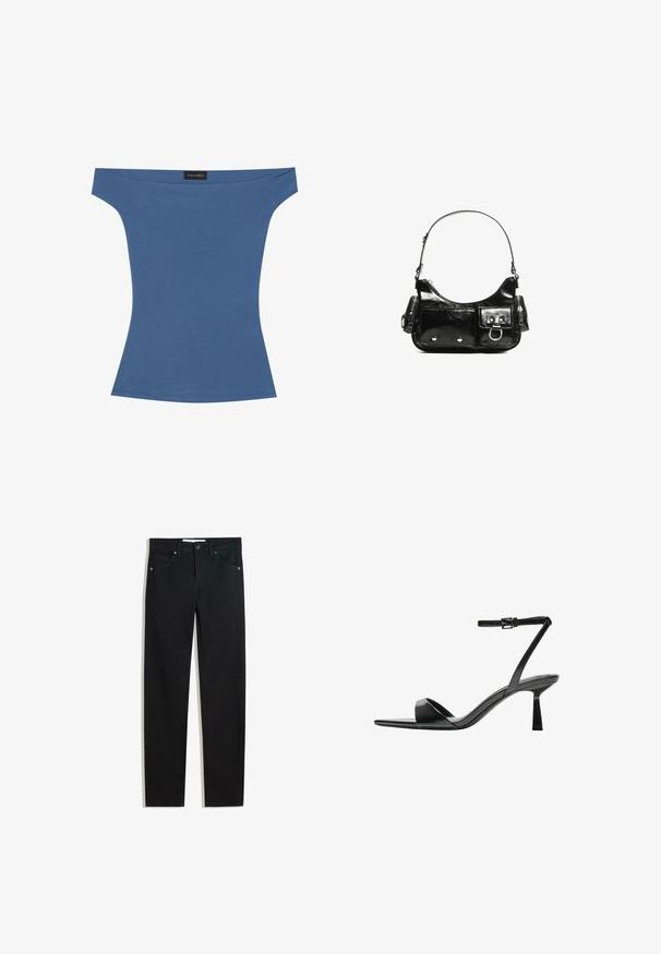 Axelös topp i mjukt blått tyg, figurnära design med korta ärmar och en slät textur. Etikett synlig vid halslinningen.; Svarta denimbyxor med rak bendesign, fem fickor, metallknappstängning och subtila sömmar. Slät textur.; Bershka Sandaletter - black; Svart lackläderhandväska med en rundad form, en axelrem, framfickor och detaljer i silverfärg.