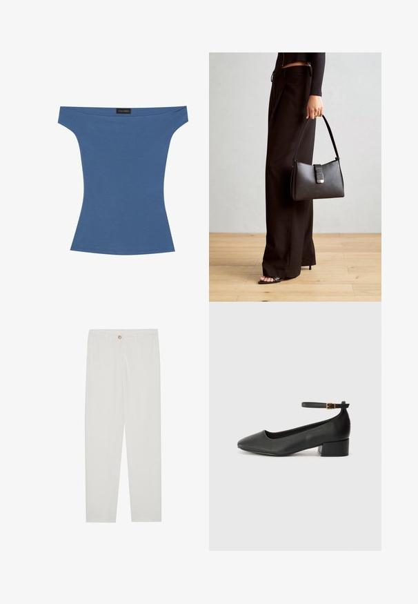 Off-the-shoulder top in soft blue fabric, fitted design with short sleeves, and a smooth texture. Label displayed at the neckline.; White, tailored trousers with a straight leg design, featuring a button closure, belt loops, and side pockets; smooth fabric texture.; Black leather pump with a pointed toe and a low block heel. Features an ankle strap with a gold-tone buckle. Smooth texture.; Black handbag with structured shape, smooth texture, and a metallic clasp. Paired with wide black pants and open-toe sandals on wooden floor.