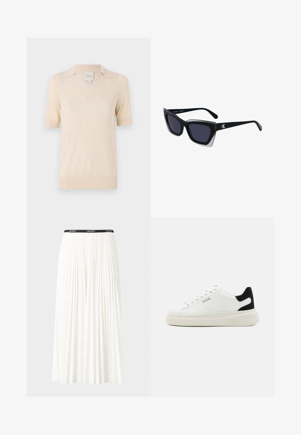 Cămașă polo de culoare crem, cu mâneci scurte, realizată dintr-un material moale, având un decolteu în V și un design subtil al gulerului.; Fustă plisată albă cu un brâu elastic negru, având logo-ul "LACOSTE". Design de lungime medie, cu textură moale.; Adidași din piele albă cu o talpă groasă albă, accent de călcâi din suede negru și logo embosat pe lateral. Design cu șireturi și șase orificii.; Ochelari de soare supradimensionați, negri, cu o formă geometrică, având lentile întunecate și un detaliu gri contrastant pe ramă. Logo pe braț.