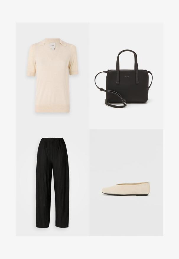 Krémovo sfarbená polo košeľa s krátkym rukávom vyrobená z mäkkého materiálu, s V-výstrihom a decentným dizajnom goliera.; Čierne plisované nohavice s širokými nohavicami a elastickým pásom. Tkanina má vertikálne plisovanie a hladkú textúru.; Béžové semišové baleríny s okrúhlou špičkou, plochou podrážkou a minimalisticým dizajnom. Hladký povrch bez viditeľného kovania alebo ozdôb.; Čierna kabelka s dvojitými krátkymi rúčkami a odnímateľným ramenným popruhom. Hladký materiál podobný koži s uzatváraním na zips a detailom loga.