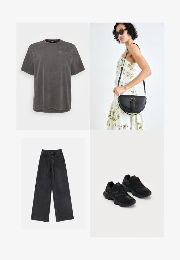 Camiseta de algodón gris con mangas cortas, escote redondo y una parte trasera ligeramente elongada. Presenta un pequeño texto impreso en la parte delantera.; Jeans de mezclilla negros de pierna ancha con cintura alta, diseño clásico de cinco bolsillos y un ligero desvanecimiento. Tejido duradero con una textura suave.; Zapatillas deportivas negras con un upper texturizado, que presentan un prominente logo "N", suela acolchada y una silueta moderna y estilizada.; Bolso de piel negra con forma curva, correa desmontable y herrajes dorados. El bolso cuenta con una solapa con un detalle de hebilla.; Anillo de plata de doble banda con una superficie lisa y pulida. Presenta un diseño fluido y curvado con secciones superpuestas para un aspecto moderno.
