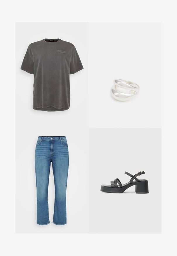 Siva pamučna majica kratkih rukava, s okruglim izrezom i blago produženom stražnjom stranom. Ima mali tiskani natpis sprijeda.; Svijetloplave traperice s ravnim nogavicama, koje imaju pet džepova, petlje za remen i suptilno izblijedjele prednje dijelove.; Crne sandale s potpeticom, s više uskih traka i okruglim prstom. Potpetica je kvadratnog oblika s glatkom teksturom. Prilagodljiva kopča.; Srebrna dvostruka prsten s glatkom, poliranom površinom. Karakterizira ga fluidan, zakrivljen dizajn s preklapajućim sekcijama za moderan izgled.