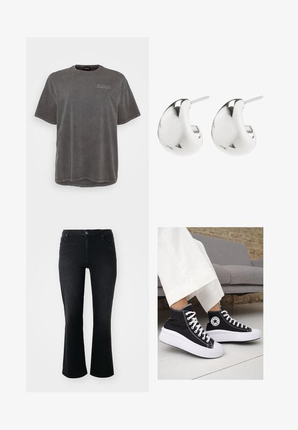 Hallhalli hall t-särk, lühikeste varrukatega, ümar kaelus ja veidi pikem seljaosa. Ees on väike trükitud tekst.; Mustad teksad keskmise kõrgusega talje, ees nööp, kaks ees taskut, kaks taga taskut ja lehviva sääre lõige.; Mustad musträgiga kõrge vars sneakerid valgete kummist tallade ja paeltega. Küljel on ringikujuline logo ja kontrastne valge õmblus.; Hõbedased kõrvarõngad, millel on sile, kumer disain. Need on viimistletud poleeritud pinnaga ja neil on kinnituseks post tagasi, tagades kindla kandmise.