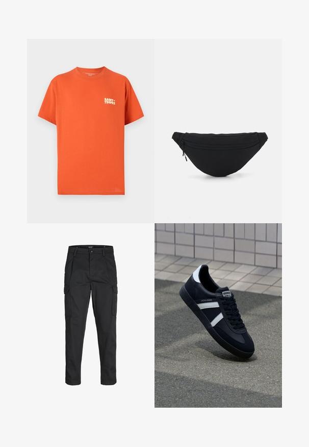 Korte mouwen oranje T-shirt van katoen, met een klein wit "SAINT-TROPEZ" logo op de linkerborst. Rechte snit en zachte textuur.; Zwarte cargobroek van stevig stof, met meerdere zakken, een knoopsluiting en een slim fit ontwerp met taps toelopende benen.; Zwarte leren sneaker met witte strepen, een gestructureerde rubberen zool en vetersluiting aan de voorkant. Voorzien van een merklabel op de tong.; Zwarte stof heuptas met een afgeronde vorm, voorzak met rits en een gladde textuur. Geen zichtbare patronen of accenten. Lichtgewicht ontwerp.