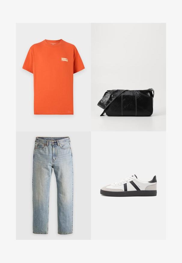 Short-sleeve orange t-shirt made of cotton, featuring a small white "SAINT-TROPEZ" logo on the left chest. Straight cut and soft texture.; Light blue denim jeans with high waist, front button, zipper, and five-pocket design, laid flat on a neutral background.; White sneaker with black and gray accents, featuring a textured gray toe cap, black rubber sole, and flat white laces. Clean design, minimalist style.; Black leather shoulder bag with a zip closure, featuring a textured body, white stitching, and a strap with silver grommets.