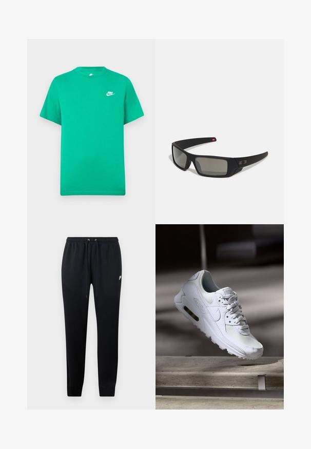 Zelené bavlněné tričko s kulatým výstřihem a krátkými rukávy, se malým bílým logem Nike na levé části hrudi. Hladká textura, jednoduchý design.; Černé tepláky vyrobené z měkké látky, s elastickým pasem se šňůrkami, manžetami na kotnících a malým logem na boku.; Bílé tenisky Nike Air Max 90 s vrchním materiálem z textilu a kůže, perforovanou špičkou a viditelnou vzduchovou jednotkou v patě.; Černé sluneční brýle s matným povrchem, obdélníkové čočky, mírná křivka na spáncích, nenápadný detail loga a čočky s kouřovým zabarvením.