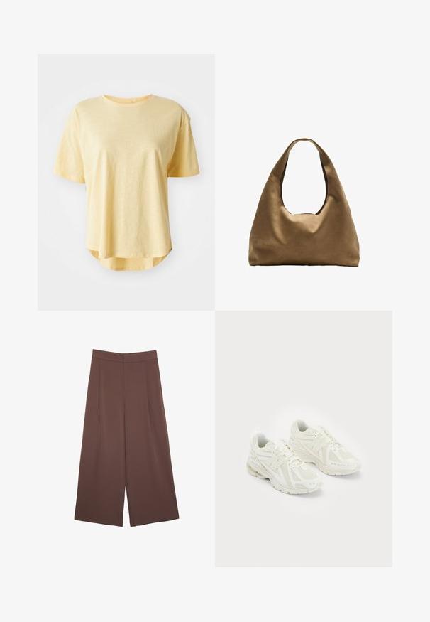 Maglietta gialla a maniche corte con vestibilità rilassata, scollo rotondo, orlo leggermente curvo e texture del tessuto morbida.; Pantaloni ampi marroni con una texture liscia, caratterizzati da una vita alta e pieghe frontali. Il tessuto è leggero e scorre liberamente.; Scarpe sportive bianche realizzate in materiali sintetici e in rete, con lacci, colletto imbottito e suola testurizzata per migliorare la grip. Costruzione leggera.; Borsa a spalla in tessuto marrone con un corpo ampio e arrotondato e una grande maniglia a taglio. Texture morbida, design minimalista e senza hardware visibile.