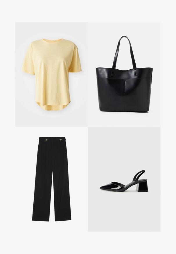 Kollane lühikeste varrukatega t-särk, millel on vabalt lõigatud istuvus, ümmargune kaelus, veidi kõver hem ja pehme kangast tekstuur.; Mustad laiad püksid kõrge vöökoha ja nööpdetailidega vööandil, esikortsudega.; Mustad musta lakknahk kingad, millel on terav varvas ja geomeetriline plokkkonts. Omab elegantselt minimalistlikku disaini ja sujuvat tekstuuri.; Must mustaga musta nahast, millel on kaks pikka kanda, sile tekstuur ja struktureeritud kuju. Esipoolsel on lisakoti jaoks tasku.