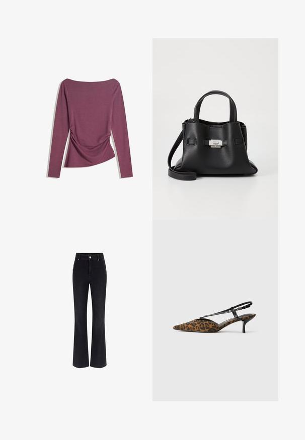 Mauve top met lange mouwen en boot hals, aangesloten taille met subtiele plooien aan beide zijden, plat weergegeven tegen een witte achtergrond.; Zwarte denim flare jeans met een hoge taille, een vijf-pocket ontwerp en metallic knoopaccenten aan de zijkanten. Glad textuur en klassieke pasvorm.; Slingback schoen met luipaardprint, met een spitse neus, zwarte band en slanke hak. Van stofmateriaal met een gestructureerde afwerking.; Zwarte leren handtas met een gestructureerde afwerking, voorzien van twee handvatten, een verwijderbare schouderband en een zilveren sluiting.