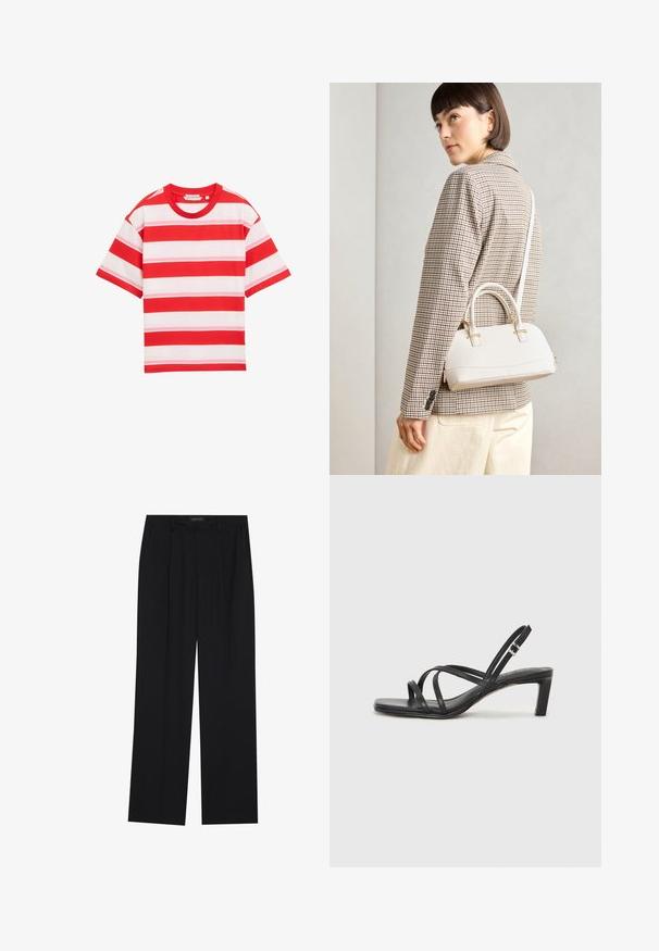 Punane ja valge triibuline T-särk lühikeste varrukatega, ümmarguse kaelusega, millel on horisontaalsed triibud erineva laiusega, mis lisavad peene tekstuuri.; Mustad püksid sirgjoonelise disainiga, millel on kaks esist taskut ja muudatus. Valmistatud siledast, kergekaalulisest kangast.; Mustast rihmajalatsid ruudukujulise varba ja madala ploki kontsaga. Omab mitmeid õhukesi rihmasid ja reguleeritavat pahkluu rihma. Valmistatud siledast nahast.; Valge struktureeritud käekott lühikeste käepidemete ja õlavööga, millel on kuldse riistvara aktsendid ja tekstuuriga materjal, eksponeeritud halli taustal.