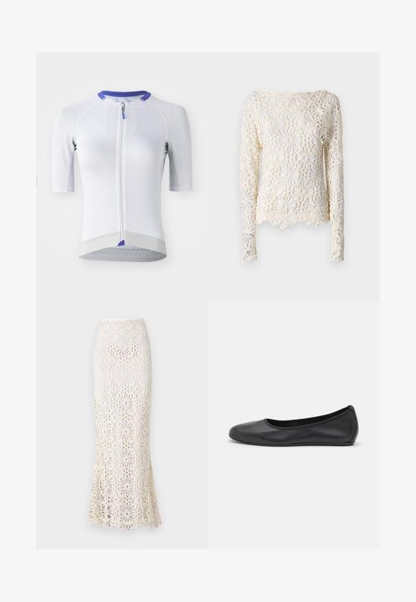 White cycling jersey with short sleeves, textured fabric, zipper closure, purple collar accent, and reflective detailing at the hem.; Norma Kamali Long sleeved top - cream; Norma Kamali OBIE LONG SKIRT - Maxi skirt - cream; Black leather ballet flat with a rounded toe, smooth texture, minimal stitching detail, and a flexible sole design.