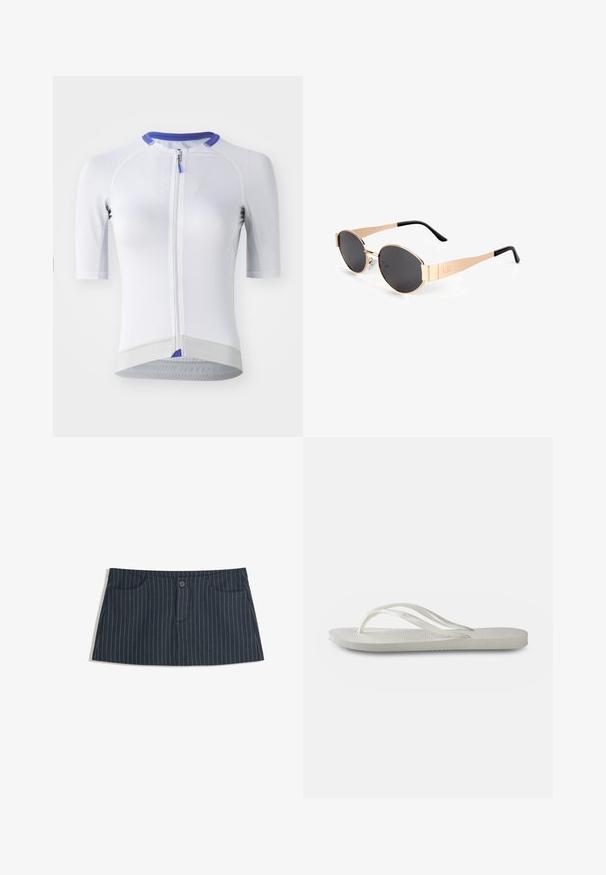 Maillot de cyclisme blanc à manches courtes, en tissu texturé, avec fermeture éclair, accent de col violet et détails réfléchissants à l'ourlet.; Mini jupe à rayures bleu marine avec poches avant et une fermeture à un bouton à la taille.; Tong en plastique blanche avec une semelle texturée, dotée de fines brides et d'un design plat. Fabriquée en caoutchouc avec un logo discret sur le coussin de pied.; Lunettes de soleil ovales dorées avec des verres sombres, présentant un design élégant, des branches fines et un accent noir au niveau de la tempête. Numéro de modèle L37.; Sac à tote en cuir tressé marron avec deux poignées, une forme structurée et une surface texturée, présentant un motif en losanges sur toute sa surface.; Les boucles d'oreilles en or en forme de cercle présentent un design lisse et arrondi avec une finition polie. Elles sont dotées d'un fermoir à charnière pour un enfilage facile.