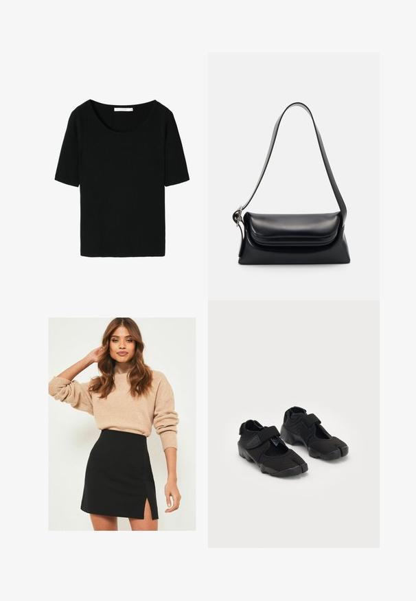 Sort ribbet strik t-shirt med bred rund halsudskæring og korte ærmer. Teksturen er blød og tætsiddende, velegnet til afslappet brug.; Beige striktrøje med ribbede manchetter parret med en sort mini-nederdel med en sideslids. Outfittet har en afslappet, men tætsiddende silhuet.; Sorte vandsko lavet af fleksibelt stof med en velcrorem, der har et unikt split-tå design og en tekstureret gummisål for bedre greb.; Sort læderhåndvask med en struktureret form, en glat overflade og en enkelt skulderrem. Har et subtilt, rundet klapdesign.; Sølv Casio quartz ur med rektangulært ur, analog og digital visning, rustfrit stålarmbånd og vandafvisende egenskaber.