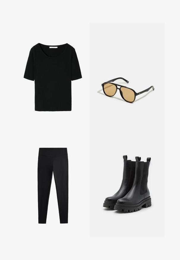 Zwarte geribbelde gebreide t-shirt met een brede ronde hals en korte mouwen. De textuur is zacht en aansluitend, ideaal voor casual kleding.; Zwarte leggings van gladde, rekbare stof. Voorzien van een brede tailleband en een taps toelopend pootdesign, geschikt voor actieve of casual kleding.; Zwarte leren enkellaarsjes met elastische zijkanten en trekriemen. Stevige rubberen zolen met diepe profielpatronen voor extra grip.; Zwarte zonnebril met bruin getinte lenzen; rechthoekige vorm met een dikke rand, inclusief subtiele hardware accenten op de veertjes.