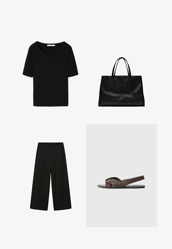 Sort ribbet kortærmet top med bred rund halsudskæring. Blødt stof med en tekstureret finish, designet til en afslappet pasform.; Sorte vide bukser lavet af blødt stof, med høj talje og plisseringer, der har en glat tekstur og ingen synlige dekorationer.; Brune lædersandal med krydsremdesign, flad sort såle og justerbar bagrem. Glat tekstur og minimale hardwaredetaljer.; Sort læder tote bag med to forlængede hanke, en struktureret form, glat tekstur og minimalistisk design. Ingen synlig hardware eller accenter.