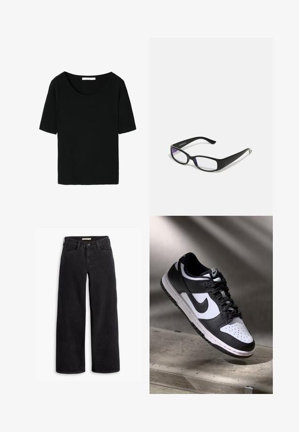 Sort ribbet strik t-shirt med bred rund halsudskæring og korte ærmer. Teksturen er blød og tætsiddende, velegnet til afslappet brug.; Sorte bredbenede jeans lavet af denim. Har høj talje, forlommer og en lynlås med knaplukning. Glat tekstur.; Sorthvid Nike Dunk Low sneakers med læderoverdel, perforeret tåboks og sorte snørebånd, udstyret med en hvid sål og logo accenter.; Sorte rektangulære briller med klare linser. Blank finish, smalle stænger, og lilla nuance synlig i kanterne af linsen.