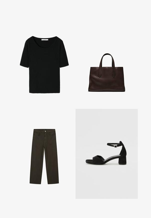 Sort ribbet kortærmet top med bred rund halsudskæring. Blødt stof med en tekstureret finish, designet til en afslappet pasform.; Mørkegrønne brede jeans lavet af en bomuldsblanding, med en frontlukning med knap, fem lommer og klassisk denim-syning.; Sorte ruskind hælede sandaler med en tynd ankelsnor, åben tå design og en beskeden blokhæl. Glat tekstur og minimale detaljer.; Brun læder tote bag med to forlængede håndtag, struktureret rektangulær form, glat overflade og subtile syninger.