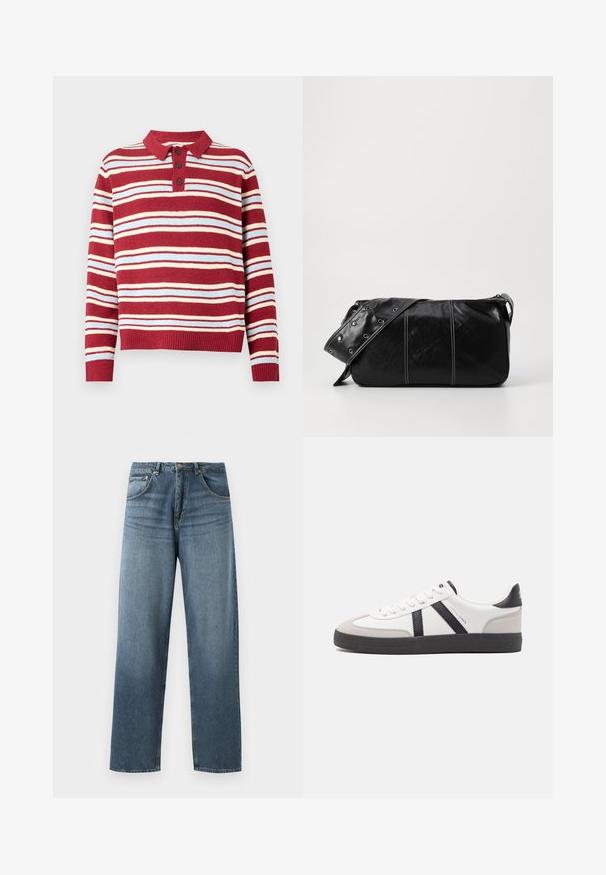 Red and cream striped knit sweater with a collared neck, three button placket, and ribbed cuffs and hem. Soft texture, casual design.; Straight-leg blue denim jeans with a faded wash, featuring five-pocket design, metal button, and belt loops. Structured, medium-weight fabric.; White sneaker with black and gray accents, featuring a textured gray toe cap, black rubber sole, and flat white laces. Clean design, minimalist style.; Black leather shoulder bag with a zip closure, featuring a textured body, white stitching, and a strap with silver grommets.