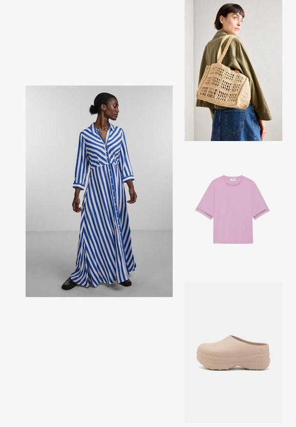 Rozā īsām piedurknēm T-krekls, izgatavots no mīksta auduma, ar mežģīņu apdari pie piedurknēm un klasisku apaļu kakla izgriezumu.; Garšs pogām aprakstīts kleita ar zilo un baltu vertikālu svītru, garām piedurknēm, apkakli un plūstošu svārku. Gluda auduma ar brīvu piegriezumu.; Gaiši rozā gumijas krūzes ar gludu, noapaļotu dizainu. Iespējas ar teksturētu zoli, kas nodrošina labāku saķeri, un iegravētu logotipu sānos.; Izpletīta, brūna, kvadrāta formas soma ar divām platām rokturiem un atklātu režģa rakstu. Dizainā ir teksturēta auduma un plaša iekšpuse.