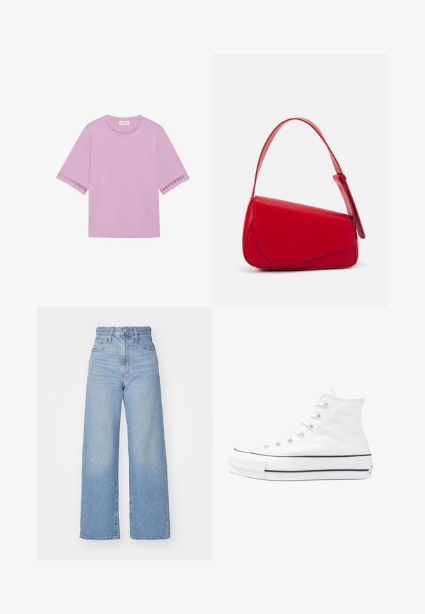 Roosa lühikeste varrukatega t-särk, mis on valmistatud pehmest kangast, millel on pitsdetailid varrukate ääres ning klassikaline ümmargune kaelus.; Heledad sinine kõrge vöökohaga laiad teksad, ees nupp ja tõmblukk, ees ja taga taskud, valge tausta peal.; Valge kõrgem kangast tenniseking, millel on must kummist tald, ees kummist varvasetugi ja kuus aukku paelte jaoks, pakkudes puhta ja minimalistliku disaini.; Punane nahast käekott, millel on nurkadega geomeetriline disain. Omab ühte reguleeritavat rihma ja klappidega sulgemist, millel on õmblustega kaunistused.