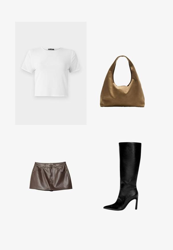 Biała krótka koszulka z krótkim rękawem, okrągłym dekoltem i gładką teksturą. Wzmocnione szwy wzdłuż krawędzi. Prosty design, brak wzorów.; Brąskowa skórzana mini spódnica z gładką fakturą, szlufkami na pasek, przednimi kieszeniami i zapięciem na guzik w talii.; Czarna skórzana kozaczka za kolano z ostrym noskiem, wysokim obcasem typu stiletto, gładkim wykończeniem i prostym, eleganckim designem bez ozdób.; Brązowa torba na ramię z szerokim, zaokrąglonym kształtem i dużym wyciętym uchwytem. Miękka tekstura, minimalistyczny design i brak widocznych elementów metalowych.