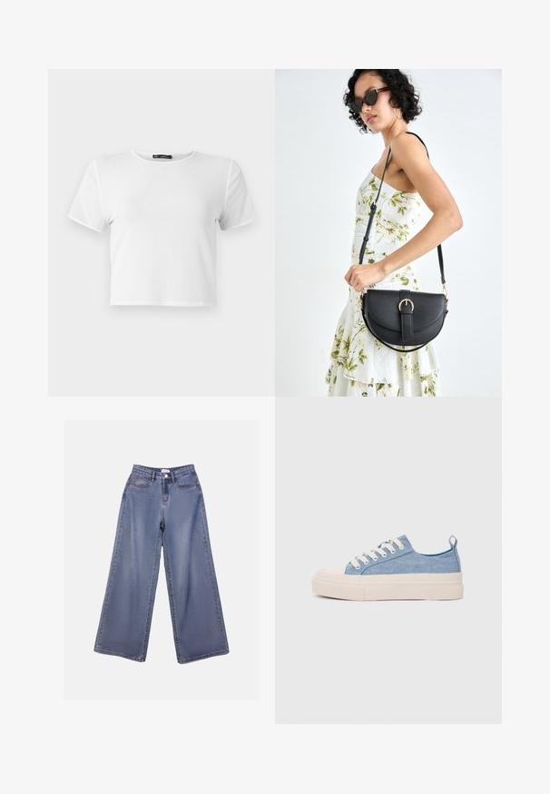 White cropped t-shirt with short sleeves, round neckline, and a smooth texture. Reinforced stitching along edges. Simple design, no patterns.; Wide-leg denim jeans in a light blue wash, featuring a high waist, front pockets, and a button closure with belt loops.; Light blue canvas sneakers with a cream rubber toe cap and outsole, featuring white laces and a pull tab on the heel.; Black leather handbag with a curved shape, detachable strap, and gold hardware. The bag features a flap with a buckle detail.