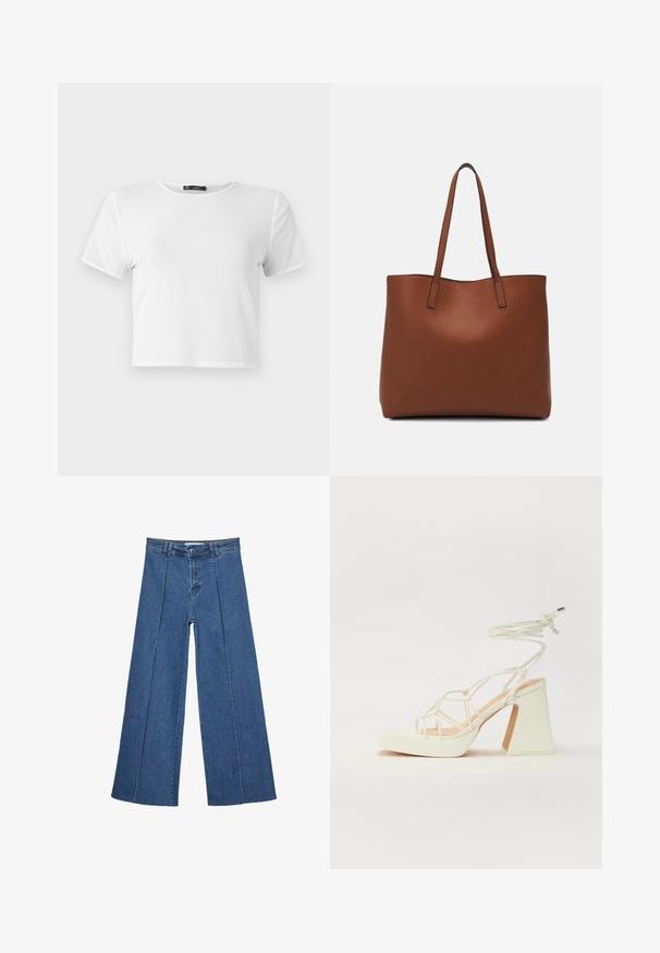 Biela skrátená tričko s krátkymi rukávmi, okrúhlym výstrihom a hladkou textúrou. Zosilnené švy pozdĺž okrajov. Jednoduchý dizajn, bez vzorov.; Rovné džínsy s širokými nohavicami v strednom modrom odtieni, so zvýšeným pásom, zapínaním na gombík a kontrastnými vertikálnymi švami pozdĺž prednej strany.; Biele sandále na vysokom opätku s hrubým podpätkom, s pruhovaným dizajnom a viazaním na členku. Hladký povrch s platformou vpredu pre zvýšenú výšku.; Hnedá kožená taška na rameno s hladkou textúrou, otvoreným vrchom a dvoma ramenými popruhmi. Má minimálne šitia a žiadne viditeľné kovania.
