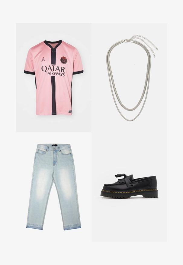 Pink football jersey featuring black accents, a v-neck, and vertical black stripe. Displays "QATAR AIRWAYS" and club logo on the front.; Pegador BARROW - Loose Jeans - sand washed blue; Black leather loafer with a tasseled accent, featuring a chunky black sole and yellow stitching along the edge. Textured finish.; Three-layered silver metal necklace featuring sleek, flexible chains with a slight sheen, secured with a lobster clasp and adjustable chain.