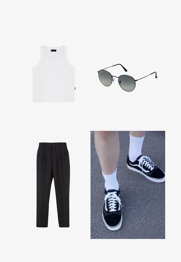 Hvit bomulls tanktopp med rund hals og vide armåpninger, med en liten lyseblå logo på brystet og et sideetikett.; Sorte bukser med plisseret frontdesign, lavet af glat stof. Har knaplukning og bæltesløjfer; rett-bukser.; Sorte semskede sneakers med hvite detaljer og snøring, sammen med hvite ribbestrikkede ankelsokker, plassert på en teksturert grå overflate.; Sorte metallsolbriller med runde gradientlinser, med tynne stenger og klare nesepads for en komfortabel passform.