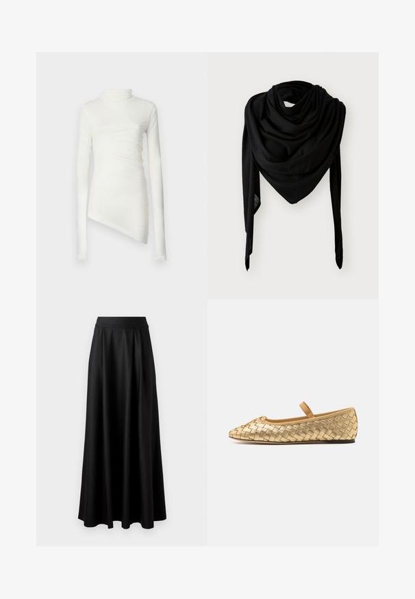 Fehér, hosszú ujjú felső, magas nyakkal, aszimmetrikus szegéllyel és puha esésű, texturált anyaggal. Simább, testhezálló fazon.; Fekete, földig érő szoknya sima textúrával, széles derékrésszel és plisszézett dizájnnal, látható minták vagy díszítések nélkül.; Loeffler Randall LEONIE SOFT BALLET FLAT - Bokapántos balerina cipők - gold; Fekete, puha anyagú sál, amelynek drapált formája van, háromszög alakú és megnyúlt végekkel rendelkezik, így réteges hatást kelt.; Fekete bőrkesztyű, öt ujjával, sima textúrájával és varrott részleteivel. A mandzsetta közelében egy kis logóval díszítve.
