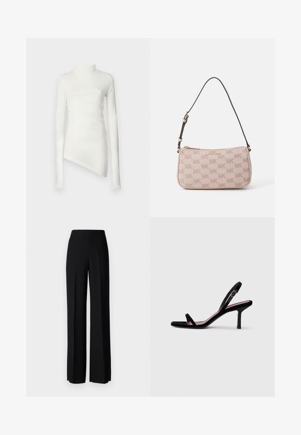 Vit långärmad tröja med hög krage, med en asymmetrisk fåll och textil som faller mjukt. Slät, figurnära design.; Svarta vida byxor med en slät textur, med hög midja och centrala veck. Inga synliga mönster eller hårdvarudetaljer.; Svart mocka högklackad sandal för kvinnor med smala remmar och ett guldspänne på vit bakgrund, sidosyn.; Ljusrosa axelväska med en texturerad tyg som har ett mönster med MK-logon över hela ytan, ett gyllene blixtlås och en justerbar rem i mörkbrun färg.