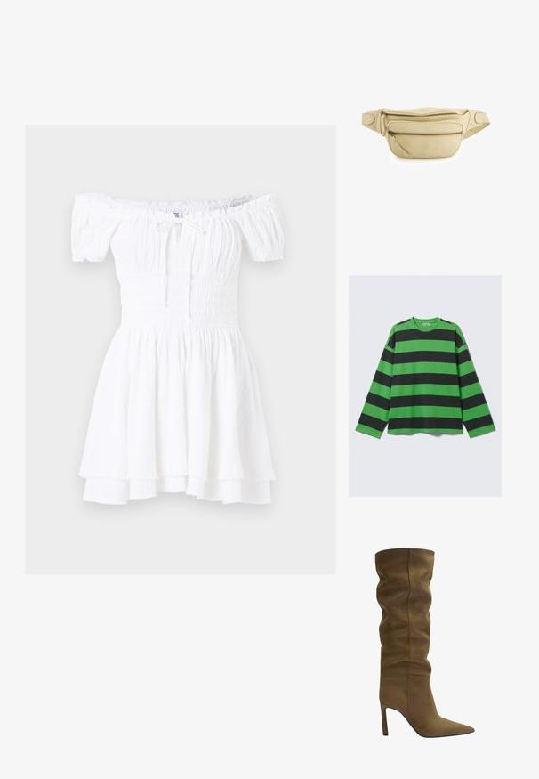 Langdurig T-shirt met gedurfde groene en zwarte horizontale strepen, gemaakt van zacht materiaal met een relaxed fit en ronde halslijn.; Witte off-the-shoulder jurk met gerimpeld lijfje, korte pofmouwen en gelaagde ruches aan de zoom. Gemaakt van lichtgewicht, gestructureerde stof.; Olijfgroene suède kniehoog laars met een puntige neus, een slouchy bovenkant ontwerp en een stiletto hak, met zichtbare stikdetails.; Beige leren heuptas met twee voorste ritszakken en een verstelbare band, vooraan in het midden van de zak is het "VENEZIA" logo gebosst.