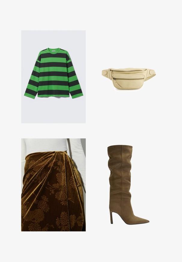 Langdurig T-shirt met gedurfde groene en zwarte horizontale strepen, gemaakt van zacht materiaal met een relaxed fit en ronde halslijn.; Bruine fluwelen rok met bloemenpatroon, voorzien van plooien en een gedrapeerd ontwerp. De gestructureerde oppervlakte versterkt de luxe details.; Olijfgroene suède kniehoog laars met een puntige neus, een slouchy bovenkant ontwerp en een stiletto hak, met zichtbare stikdetails.; Beige leren heuptas met twee voorste ritszakken en een verstelbare band, vooraan in het midden van de zak is het "VENEZIA" logo gebosst.