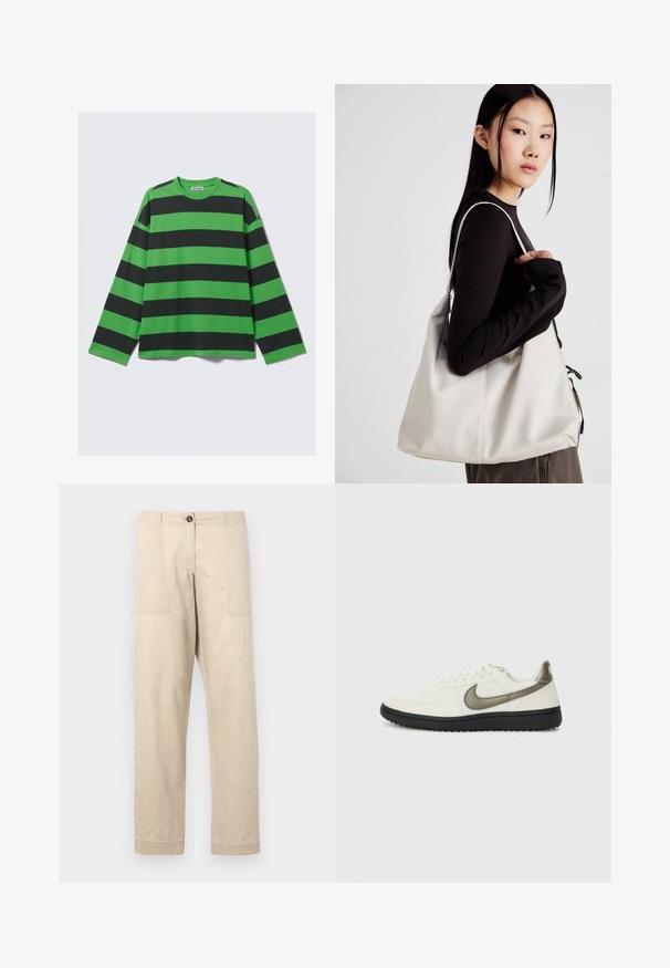 Tricou cu mânecă lungă, prezentând dungi orizontale îngroșate de culoare verde și neagră, fabricat dintr-un material moale, cu o croială relaxată și decolteu rotund.; Pantaloni din bumbac bej, cu croi drept, având buzunare frontale, închidere cu nasture și margini manșonate. Textură netedă și design minimalist.; Nike Sportswear FIELD GENERAL - Sneakers low - off-white/black; Geantă bej din material moale, cu un design lejer, detalii cusute și două bretele pentru umăr. Potrivită pentru utilizarea zilnică.