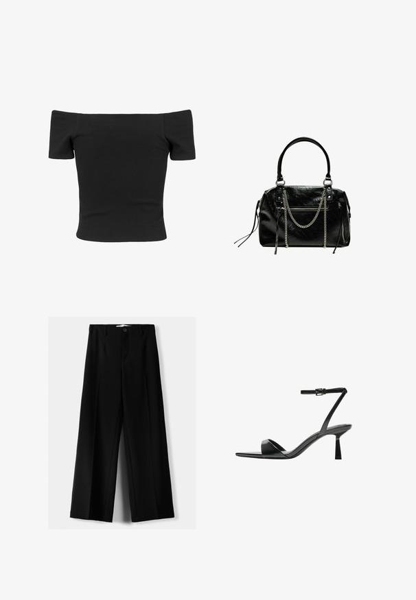 Top negru cu nervuri, cu umeri descoperiți, mâneci scurte, formă ajustată, textură netedă și un design curat și simplu.; Pantaloni negri cu picior larg, fabricați dintr-un material ușor, cu închidere frontală cu nasture și față plată, având tivuri cusute cu atenție.; Bershka Sandale cu toc - black; Bershka WITH CHAIN - Geantă de mână - black