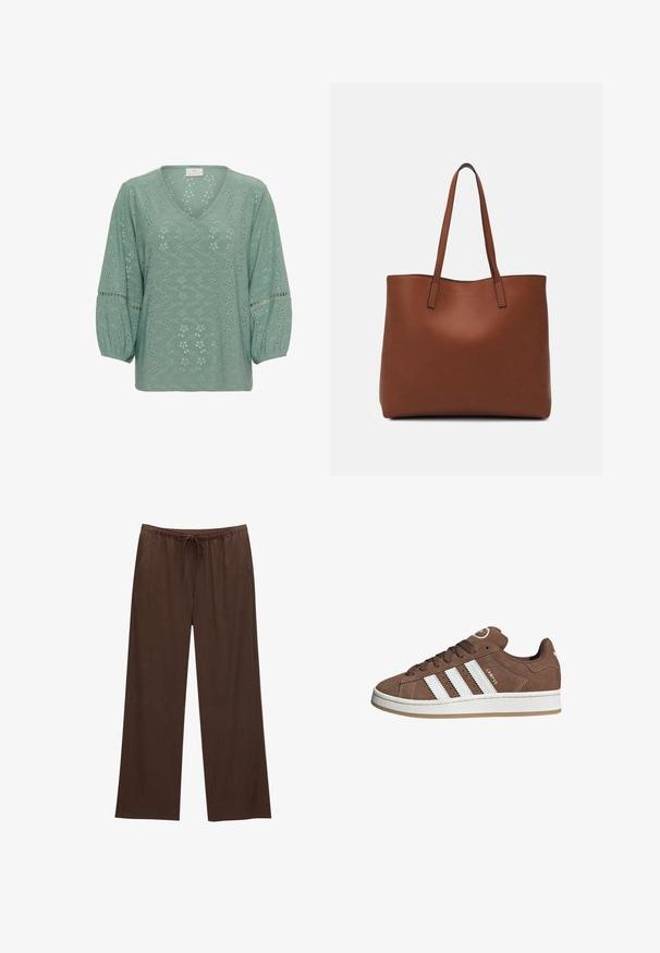 Kaffe KATYRA - Blouse - green bay cc; Bruine wijde broek gemaakt van zachte stof, met een elastische tailleband en een trekkoord, en twee zijzakken.; Bruine suède sneaker met witte leren strepen, rubberen zool, ronde neus en vetersluiting. Kenmerkt zich door een logo op de tong en geperforeerde accenten.; Bruine leren tote bag met een gladde textuur, een ontwerp met een open bovenkant en twee schouderbanden. Kenmerkt zich door minimale stiksels en geen zichtbare hardware.