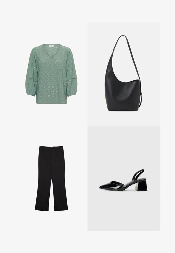 Kaffe KATYRA - Bluza - green bay cc; Črne hlače ravnega kroja z naglavnimi žepi in stranskimi razporki na robu. Narejene iz mehke, gladke tkanine. Primerne za različne priložnosti.; Črne lakirane slingback pete s koničastim nosom in geometrijsko blokasto peto. Imajo eleganten, minimalističen dizajn in gladko teksturo.; Črna usnjena hobo torba z gladko teksturo, ukrivljeno obliko in eno nastavljivo naramnico; ima širok odprtina na vrhu.