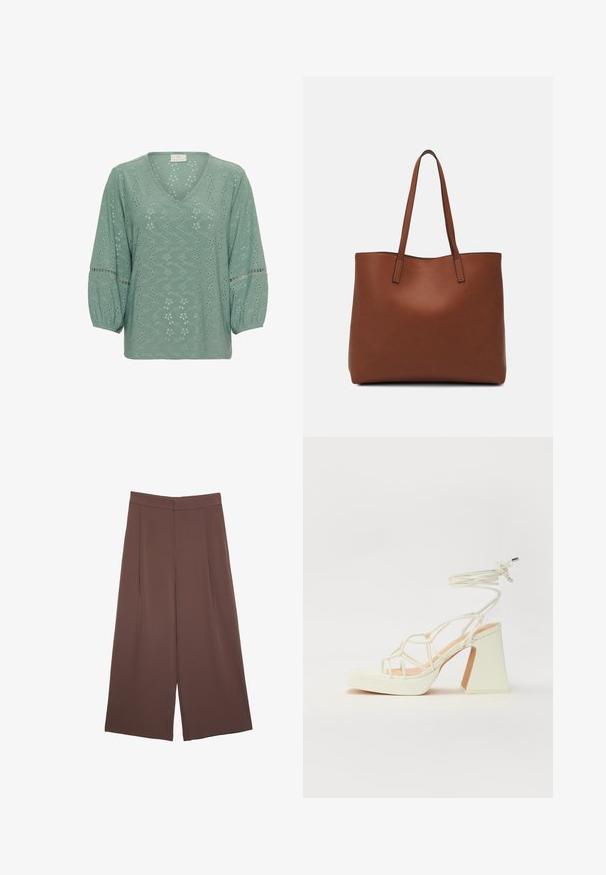 Kaffe KATYRA - Camicetta - green bay cc; Pantaloni ampi marroni con una texture liscia, caratterizzati da una vita alta e pieghe frontali. Il tessuto è leggero e scorre liberamente.; Sandalo bianco con tacco alto, caratterizzato da un design a cinturini e un legaccio alla caviglia. Texture liscia con una piattaforma frontale per un'altezza aggiuntiva.; Borsa tote in pelle marrone con texture liscia, design con apertura superiore e due spallacci. Presenta cuciture minime e nessun hardware visibile.