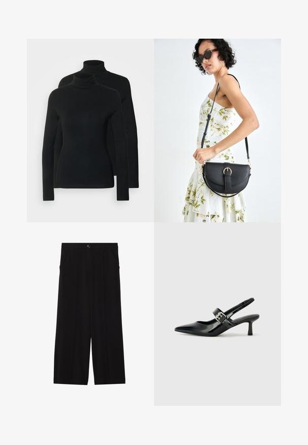 Kaksi pitkähihaista poolopaitaa, jotka ovat täysin mustia, valmistettu pehmeästä ja joustavasta kankaasta, joka on vartaloon myötäilevä ja saumaton kaula-aukko.; Mustat leveät housut, jotka on valmistettu sileästä kankaasta. Niissä on edessä nappikiinnitys, kaksi sivutaskua ja syvät pleatit.; Musta patenttinaahkakengät, joissa on osoittava kärki ja pieni lohko korko, varustettuna hopeisella soljella hihnassa.; Musta nahkainen käsilaukku, joka on kaareva muotoilultaan, irrotettavalla hihnalla ja kultaisilla yksityiskohdilla. Laukussa on läppä, jossa on solk yksityiskohta.