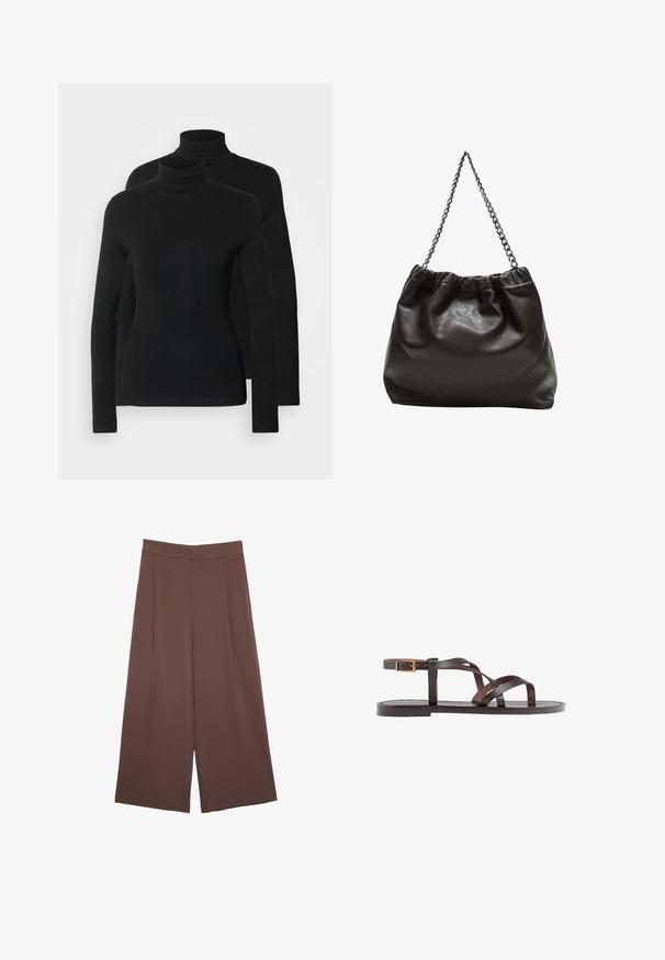 Dwa długie swetry z golfem w jednolitym czarnym kolorze, wykonane z miękkiego, elastycznego materiału o dopasowanym kroju i bezszwowym dekolcie.; Brązowe spodnie o szerokich nogawkach z gładką fakturą, z wysokim stanem i plisami z przodu. Materiał jest lekki i luźno opada.; Brązowe skórzane sandały z krzyżującymi się paskami, zapięciem na klamrę przy kostce oraz płaską podeszwą z minimalnymi detalami szycia.; Brązowa skórzana torba z marszczonym szczytem i łańcuszkowym paskiem. Gładka tekstura z błyszczącym wykończeniem i subtelnymi detalami szwów po bokach.