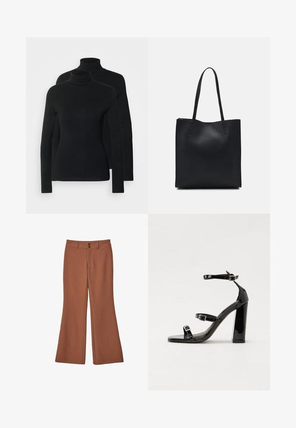 To lange langærmede turtlenecks i ensfarvet sort, lavet af et blødt, strækbart stof med tætsiddende design og en sømløs halsudskæring.; Brune, udfoldede bukser lavet af blødt stof. Har to frontknapper og en glat overflade uden synlige mønstre eller accenter.; Sorte patenterede hælsandaler med firkantet tå, ankelremme og sølvspænder. Har en chunky blokHæl for stabilitet.; Sort læder tote taske med glat tekstur, rektangulær form og to lange hanke. Ingen synlig hardware eller udsmykninger.