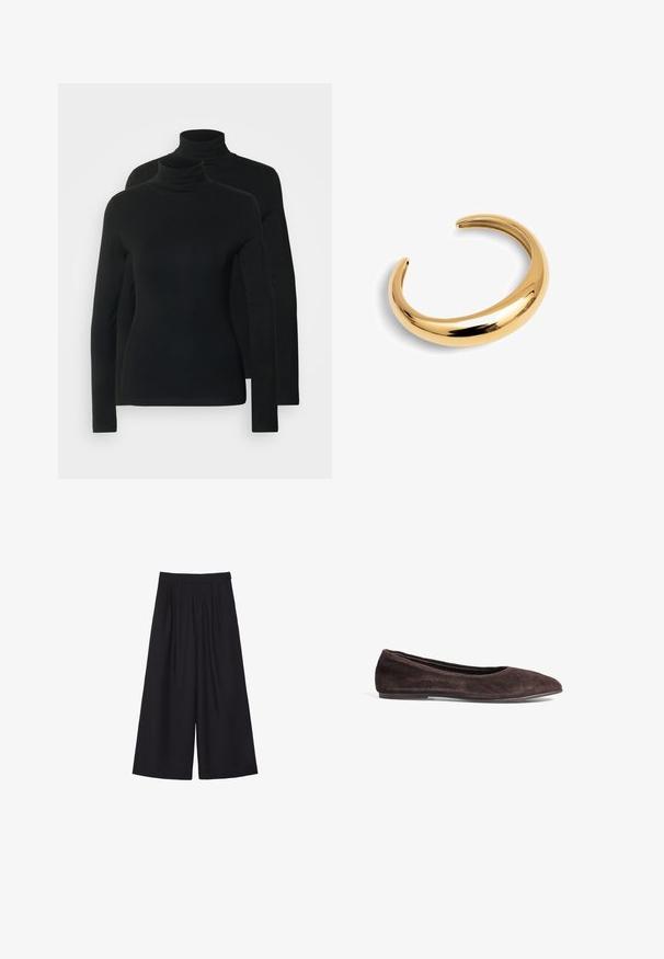 Zwei mehrfarbige Langarm-Turtlenecks in reinem Schwarz, aus einem weichen, elastischen Stoff mit passgenauen Design und nahtlosem Ausschnitt.; Schwarze weit geschnittene Hose mit Falten, gefertigt aus einem glatten Stoff. Sie hat eine hohe Taille und einen klaren, maßgeschneiderten Schnitt.; Braune Wildleder-Ballerinas mit spitzem Absatz und niedrigem Profil. Verfügt über eine glatte Textur und ein minimalistisches Design. Keine sichtbaren Beschläge oder Akzente.; Goldfarbener, polierter Metallarmreif. Verfügt über ein glattes, geschwungenes Design mit verjüngten Enden und einer glänzenden, reflektierenden Oberfläche.