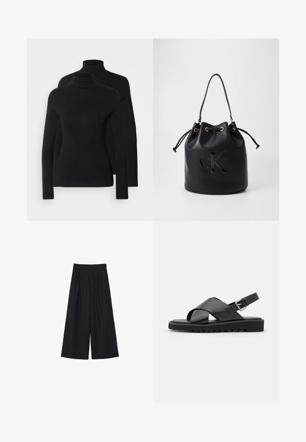 Dvoje rolákov s dlhými rukávmi v jednofarebnej čiernej farbe, vyrobených z jemnej, pružnej látky s priliehavým strihom a bezšvovým výstrihom.; Čierne široké nohavice s plisovaním, vyrobené z hladkej tkaniny. Majú vysoký pás a čistý, prispôsobený strih.; Čierne kožené sandále s dizajnom krížového pásu, nastaviteľnou prackou a textúrovanou podrážkou s drážkami pre lepšiu priľnavosť.; Čierna kožená vedierková taška so sťahovacím uzáverom, so lesklým logom "CK" na prednej strane a zlatými kovovými detailmi.; Zlatý, lesklý kovový náramok s manžetou. Vyznačuje sa hladkým, zakriveným dizajnom s zužujúcimi sa koncami a lesklým, reflexným povrchom.