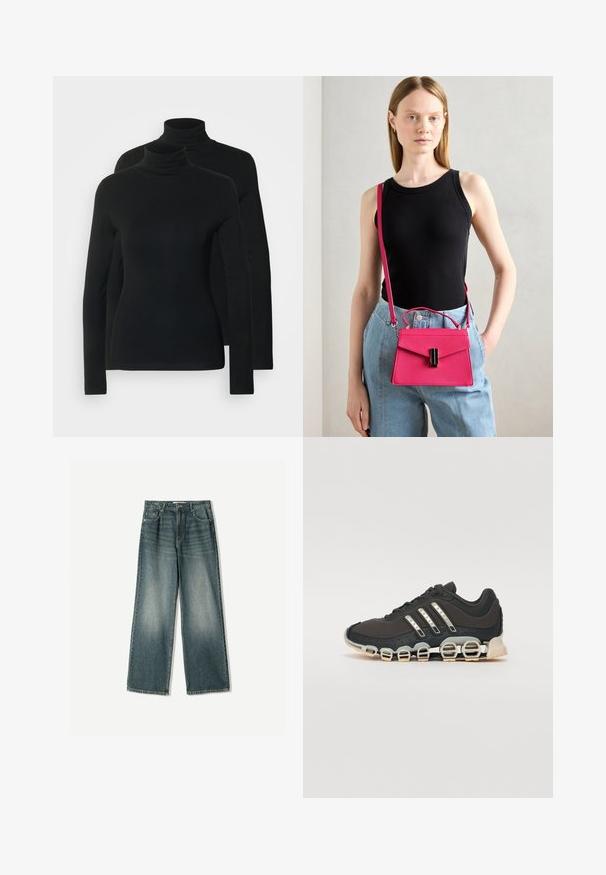 Dwa długie swetry z golfem w jednolitym czarnym kolorze, wykonane z miękkiego, elastycznego materiału o dopasowanym kroju i bezszwowym dekolcie.; Spodnie dżinsowe z szerokimi nogawkami w wyblakłym niebieskim kolorze, z pięcioma kieszeniami, zapięciem na guzik oraz subtelnymi przetarciami na przedniej części.; Czarne sportowe buty z teksturowaną cholewką, trzema srebrnymi paskami i charakterystyczną podeszwą z amortyzacją, składającą się z wielu zintegrowanych sekcji.; Różowa strukturalna torebka z klapą i czarnymi akcentami hardware. Nosi się na przekątnej z długim paskiem. Gładka faktura.