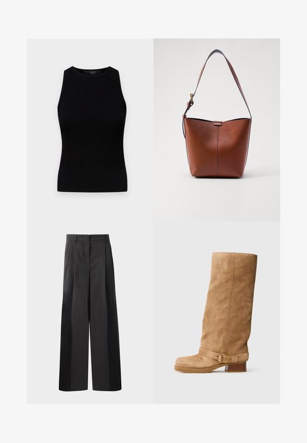Weekend Max Mara OLIMPO - Top - nero; Čierne široké nohavice s vysokým pásom, so záhybmi vpredu, hladkou textúrou a prispôsobeným strihom. Navrhnuté pre uvoľnený strih.; Svetlohnedá semišová čižma do polovice lýtok s nízkym stohovaným podpätkom, zaoblenou špičkou a nastaviteľným pásikom so zlatou prackou okolo členka.; Hnedá kožená taška cez rameno s zakriveným tvarom, hladkou textúrou a jedným tenkým popruhom. Obsahuje jemný šev a malý logo detail.