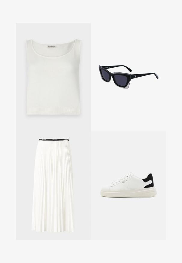 Biely bezramienkový top vyrobený z pleteniny s hlbokým výstrihom a rebrovaným lemom. Na prednej strane sa nachádza embosované logo "GUESS JEANS".; Plisovaná biela sukňa s čiernym elastickým pásom s logom "LACOSTE". Sukňa je stredne dlhá a má mäkkú textúru.; Biele kožené tenisky s hrubou bielou podrážkou, čiernym zamekom na päte a vyrazeným logom na boku. Šnurovací dizajn so šiestimi očkami.; Čierne oversized slnečné okuliare s geometrickým tvarom, s tmavými šošovkami a kontrastným šedým detailom na ráme. Logo na mostíku.