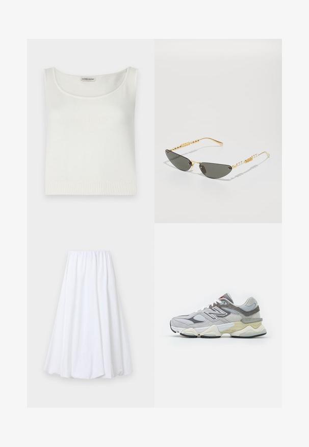 Biała, bezrękawnikowa bluzka z dzianiny, z dekoltem w serek i żeberkowym wykończeniem. Posiada wytłoczone logo "GUESS JEANS" z przodu.; Biała spódnica do kostek z elastycznym pasem, wykonana z lekkiego materiału o gładkiej teksturze i zwiewnej sylwetce.; Szare zamszowe i siateczkowe sneakersy z grubą białą i beżową podeszwą, z wyraźnym białym logo i czerwonymi akcentami.; Okulary przeciwsłoneczne w złotej oprawie z ciemnoszarymi soczewkami. Unikalny kształt w stylu kociego oka. Na zausznikach naprzemiennie umieszczone są złote koraliki i perłowe akcenty.