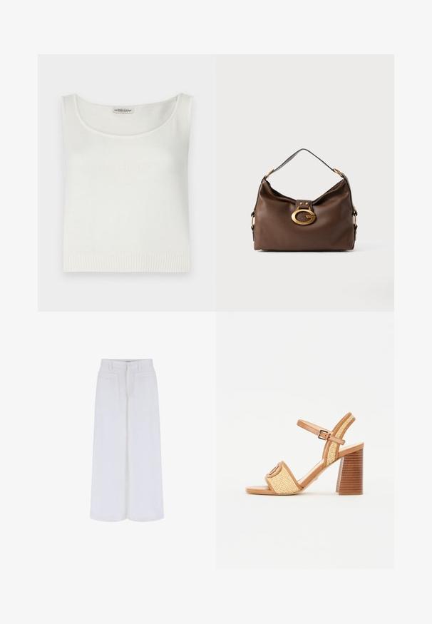 Bijela majica bez rukava od pletiva s izrezom u obliku kadifa i rebrastim rubom. Ima urezani logo "GUESS JEANS" sprijeda.; Bijele hlače širokih nogavica s glatkom teksturom, sadrže dva prednja džepa i dugme za zatvaranje, dizajnirane za opušteni kroj.; Smeđe kožne sandale s petom od pletene slame, koje imaju remen za gležanj, otvoreni vrh i masivnu drvenu petu s horizontalnim prugama.; Smeđa kožna torba s teksturiranom površinom, koja ima zlatni kopču i jedan zakrivljeni remen za rame.