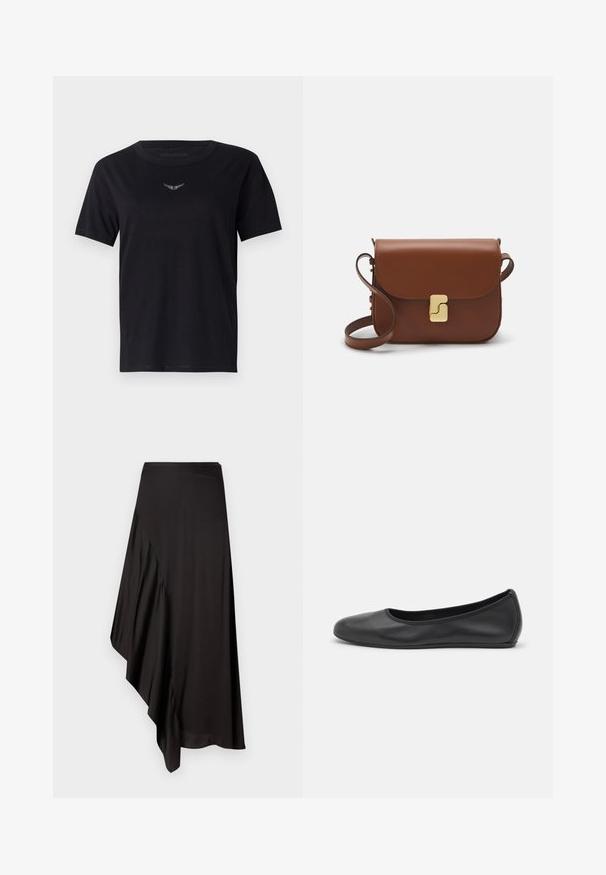 Zwarte katoenen t-shirt met een ronde hals, korte mouwen en een subtiele, gestructureerde zilveren logo op de borst. Gladde stofafwerking.; AERON ASTER SKIRT - Kokerrok - black; Zwarte leren ballerina met een ronde neus, gladde textuur, minimale stikdetails en een flexibele zoolontwerp.; Bruine leren handtas met een klep sluiting, gouden hardware, een schouderband en een gladde textuur. Compact rechthoekige vorm.